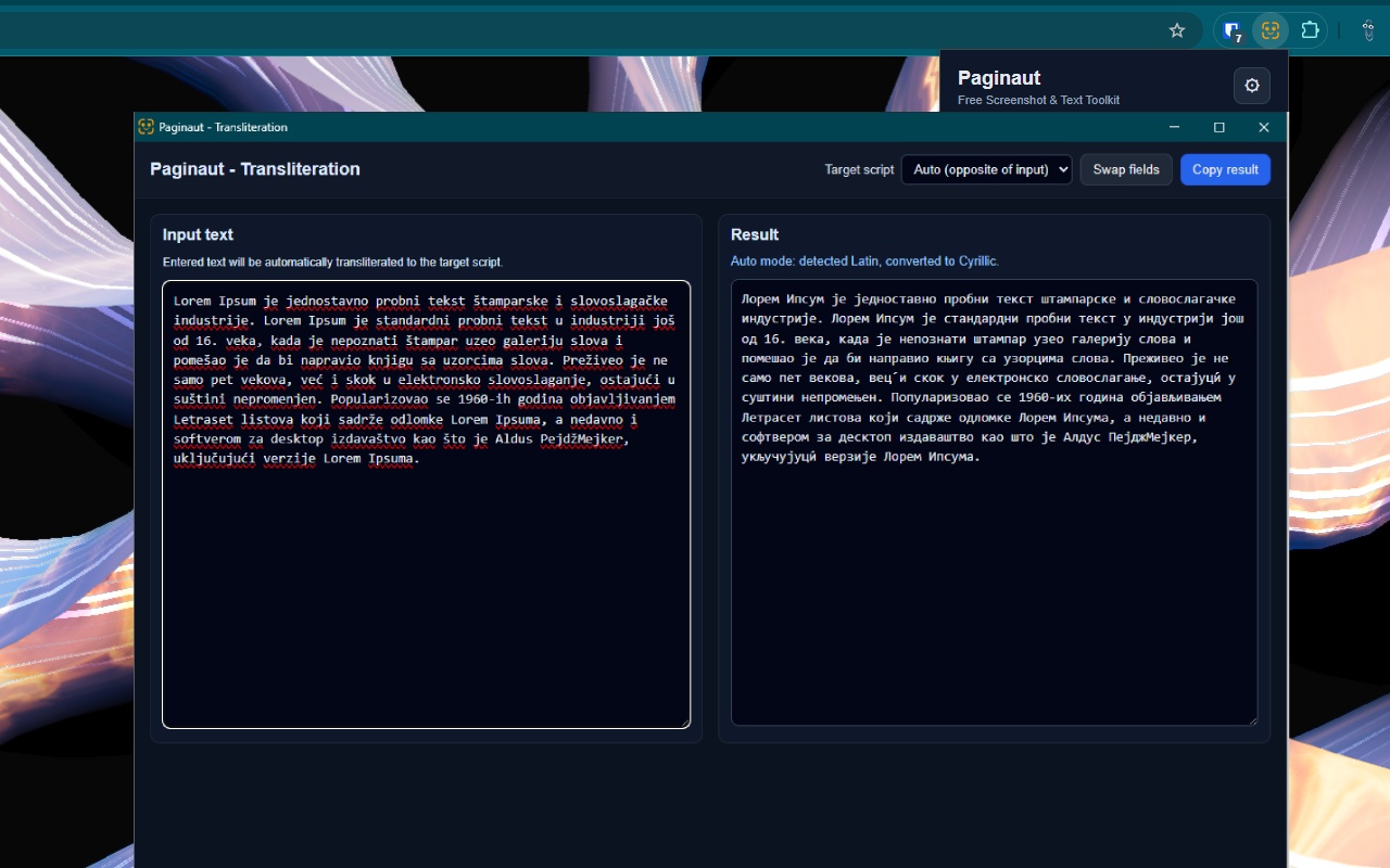 Paginaut screenshot preview with crop and export options