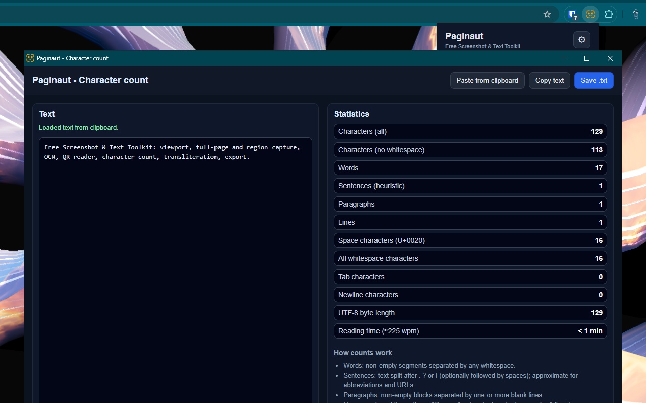 Paginaut text tools including character count and transliteration