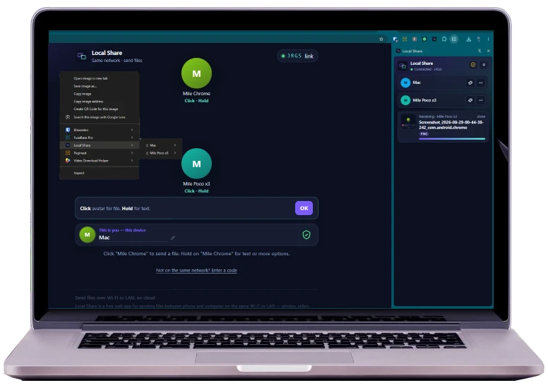 Local Share Chrome extension side panel on a laptop — send links and files to your phone